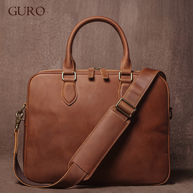 Leather Work Laptop Bag - GURO Men Crazy Horse Cowhide Briefcase